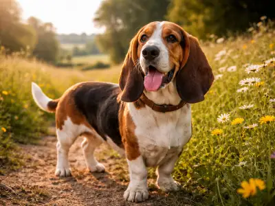 Basset Artésien Normand de pie en un camino rural entre flores