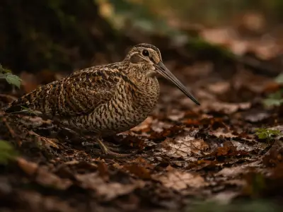 Eurasian woodcock small game bird in forest