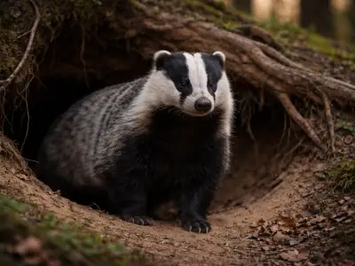 European badger burrowing mammal in woodland