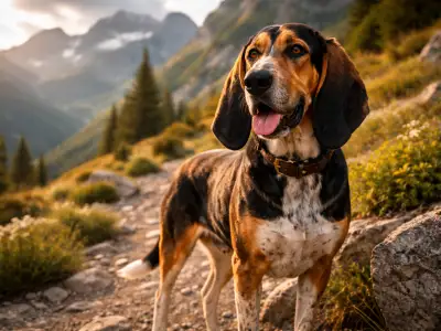 Perro Bruno del Jura de pie sobre un sendero de montaña en los Alpes