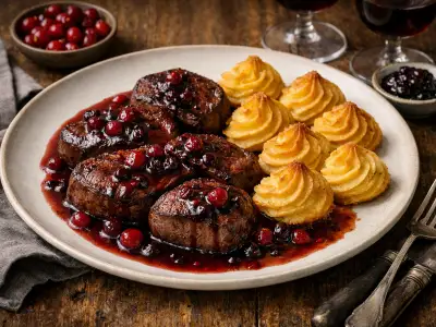 Medaglioni di cervo con salsa ai mirtilli rossi e patate duchessa