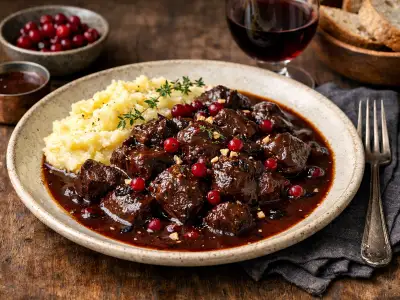 Brasato di cervo al vino rosso con salsa ai mirtilli rossi