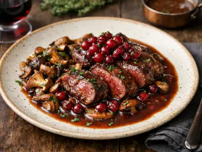 Medaglioni di capriolo ai mirtilli rossi con funghi e salsa al vino rosso