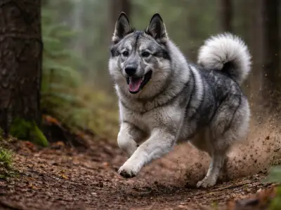Perro de alce noruego en acción de caza, utilizado para rastrear y detener al alce
