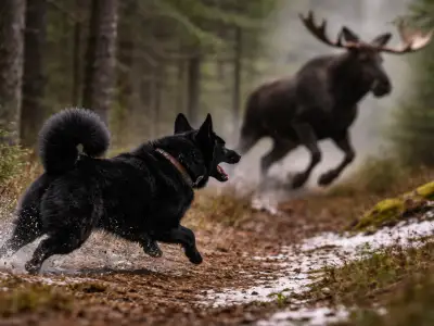 Perro de alce noruego negro en acción de caza, rastreando y bloqueando un alce