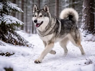 Perro de alce sueco corriendo en la nieve, perro de caza nórdico grande para caza mayor