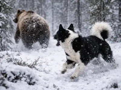 Perro de oso de Carelia persiguiendo un oso en bosque nevado, perro de caza nórdico para caza mayor