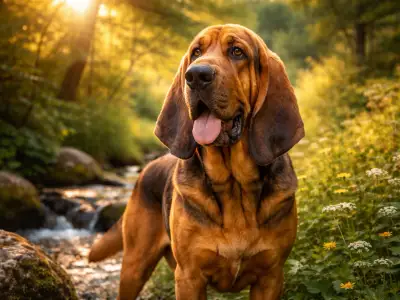 Sabueso de San Huberto de pie junto a un arroyo en el bosque, con luz dorada cálida
