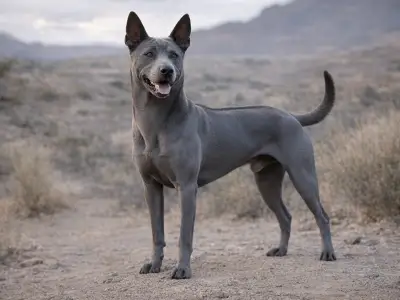 Thai Ridgeback de pie en un paisaje árido, con pelaje gris azulado, silueta atlética y cresta visible en el lomo