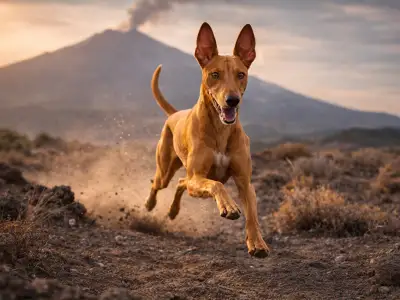 Cirneco del Etna corriendo en terreno volcánico, perro de caza ágil para caza menor