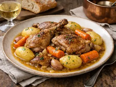 Faisão estufado com vinho branco e legumes