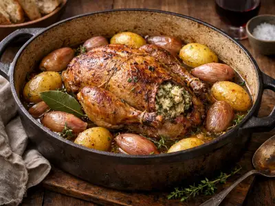 Fagiano brasato alle erbe con patate e scalogni