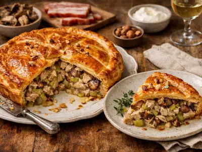 Torta salata di fagiano con porri e porcini