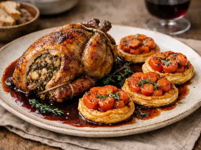 Fagiano arrosto alle erbe con salsa al vino rosso e tatin di carote