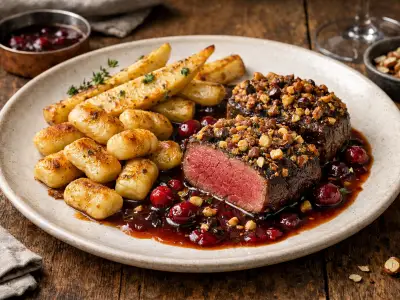 Filetto di cervo in padella con crosta di nocciole, funghi e gnocchi di patate