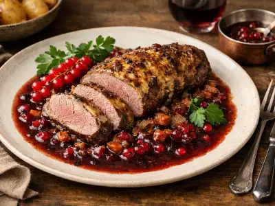 Filetto di cinghiale marinato al forno con salsa al vino rosso e ribes