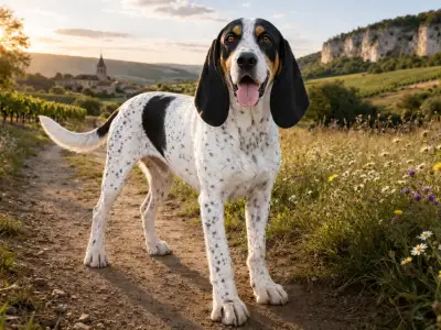 Perro Gascon Saintongeois con manchas moteadas de pie sobre un camino rural a la hora dorada