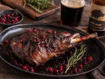 Cosciotto di cinghiale al forno con birra scura, miele e salsa alle cipolle