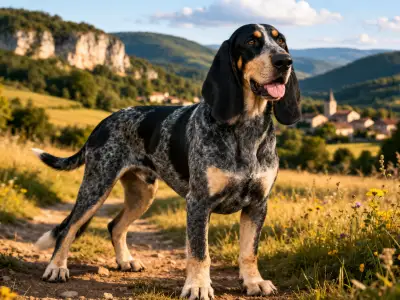 Sabueso Grand Bleu de Gascogne sobre un sendero rural en el campo francés