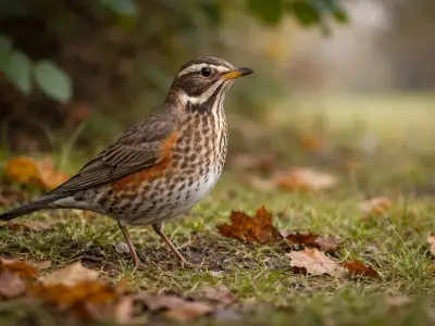 Redwing migratory thrush in woodland edge