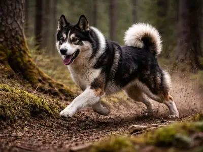 Laika de Siberia oriental siguiendo un rastro en el bosque
