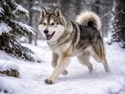 Laika de Siberia occidental corriendo en la nieve, perro de caza nórdico con aspecto de lobo