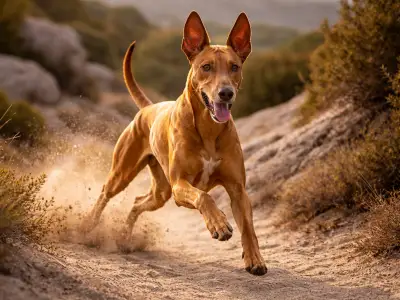 Podenco faraónico corriendo en terreno seco, perro de caza rápido especializado en caza a la vista