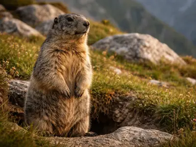 Alpine marmot small game mammal in mountain meadow