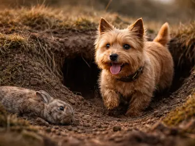 Norwich Terrier saliendo de una madriguera durante la caza en el campo