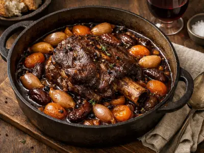 Spalla di cervo brasata al vino rosso con scalogni e frutta morbida