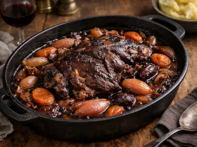 Spalla di capriolo brasata al vino rosso con scalogni e frutta morbida