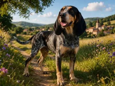 Perro Petit Bleu de Gascogne de pie sobre un camino rural con luz dorada