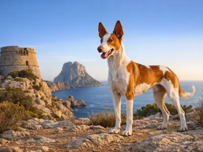 Podenco ibicenco de pie sobre un terreno rocoso junto al mar al atardecer