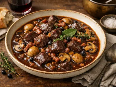 Spezzatino di cervo ai funghi e vino rosso