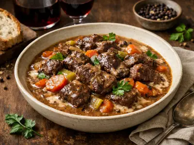 Spezzatino di capriolo al vino rosso con funghi alla cacciatora