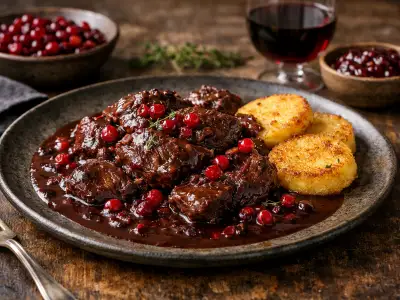 Stufato di cinghiale ai mirtilli rossi con polenta croccante