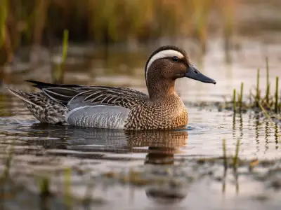 Garganey waterfowl in shallow wetland