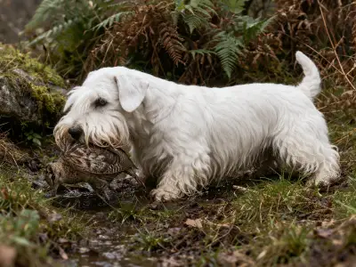 Sealyham Terrier recuperando un conejo en un campo al amanecer