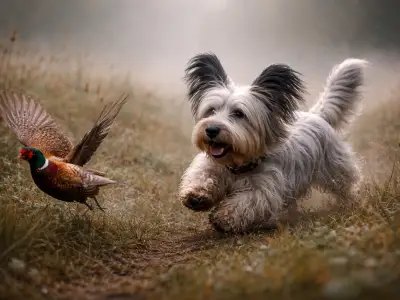 Skye Terrier persiguiendo a un faisán en un campo brumoso
