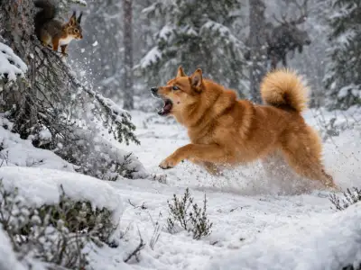 Spitz finlandés cazando en la nieve, perro nórdico especializado en aves