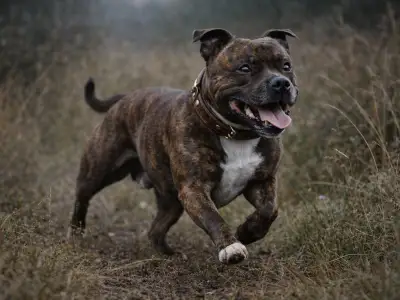 Staffordshire Bull Terrier corriendo con fuerza y agilidad en terreno natura