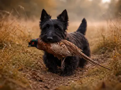 Terrier escocés recuperando un faisán en un campo al amanecer