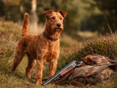 Terrier irlandés, terrier alto de pelaje rojo y áspero con expresión vivaz