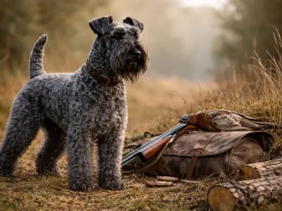 Kerry Blue Terrier, terrier elegante de pelaje azul grisáceo ondulado y barba abundante