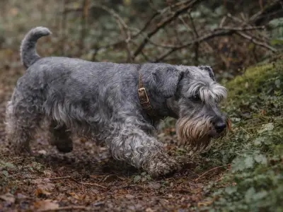 Terrier checo en acción de caza en un sotobosque húmedo