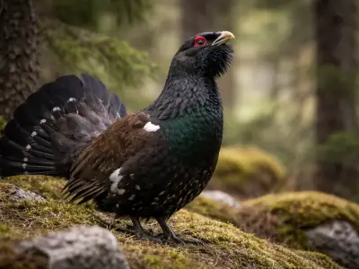 Western capercaillie small game bird in mountain forest