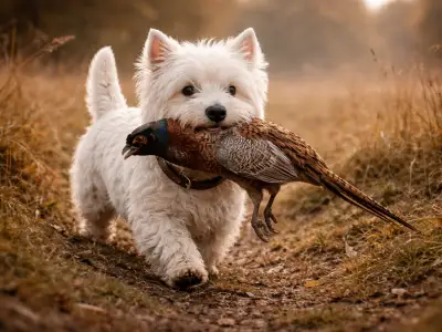 West Highland White Terrier (Westie) recuperando un faisán en un campo al amanecer