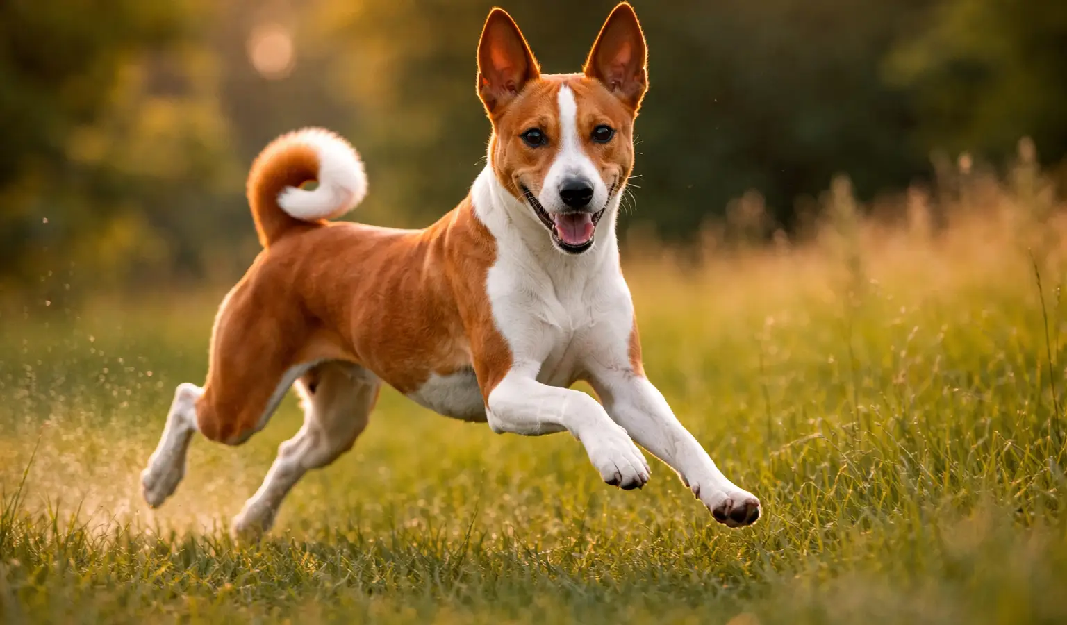 Basenji corriendo en terreno abierto, perro de caza africano rápido y ágil