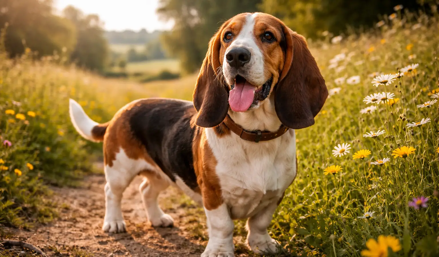 Basset Artésien Normand de pie en un camino rural entre flores