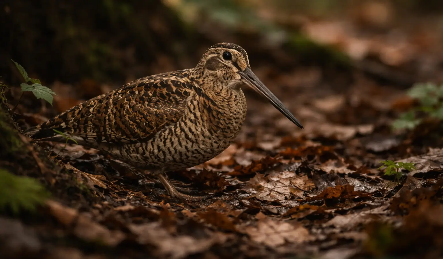 Eurasian woodcock small game bird in forest